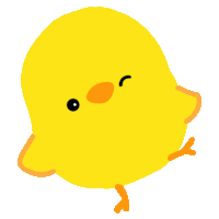 a yellow chick with a black eye and orange feet