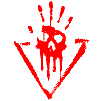 a red handprint with a skull and a triangle in the middle