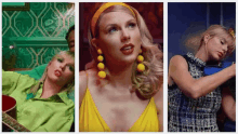 a collage of three pictures of taylor swift wearing a yellow dress and earrings .