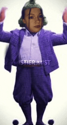 a little girl in a purple suit and hat is dancing .