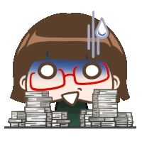 a cartoon of a girl with glasses and a stack of papers