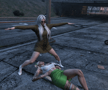 a screenshot of a video game shows a woman standing over a woman laying on the ground