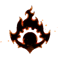 a drawing of a flame with a gear in the center