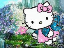 a picture of a hello kitty fairy holding a pink flower