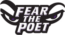 the logo for fear the poet is a black and white logo with purple eyes and the words `` fear the poet '' .