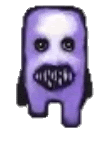 a pixel art of a purple monster with big teeth and headphones .