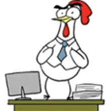 a cartoon chicken is standing at a desk wearing a tie and a shirt .