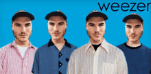 four men wearing baseball hats are standing in front of a blue background with the word weezer on it