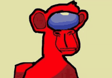 a cartoon drawing of a red monkey with a blue circle on its head .