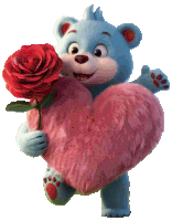 a blue teddy bear is holding a pink heart and a rose