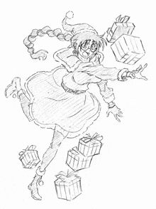 a black and white drawing of a girl wearing a santa hat and holding gifts