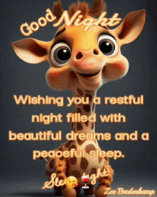 a cartoon giraffe wishing you a restful night with beautiful dreams and a peaceful sleep