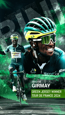 a poster of biniam girmay riding a bike