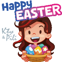 a cartoon girl holding a basket of easter eggs with the words happy easter written above her