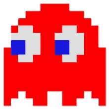 a pixel art of a red ghost with blue eyes