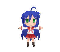 a little girl with blue hair and green eyes is standing with her arms outstretched