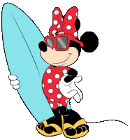 a cartoon of minnie mouse holding a surfboard and wearing sunglasses