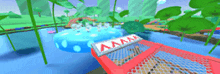 a video game scene with a red boat with a sign that says aaa on it