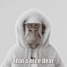 a monkey wearing a fur coat and hat with the words that 's nice dear written below it