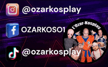 an advertisement for ozarkosplay shows a man in a dragon ball costume