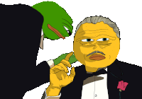 a cartoon of a man in a tuxedo with a yellow face and a green frog behind him