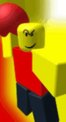 a yellow roblox character with a red shirt and black pants is holding a red ball .