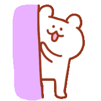 a cartoon bear sticking its tongue out behind a purple wall