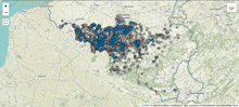 a map of belgium shows a lot of blue and black circles