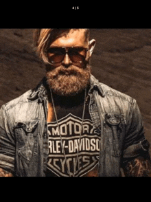 a man with a beard wears a harley davidson shirt