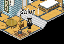 a cartoon drawing of a room with the word salut written on the bottom