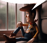 woody from toy story is sitting on a couch looking out of a window