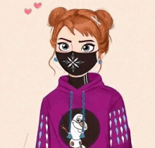 a cartoon of anna from frozen wearing a face mask and a purple hoodie .