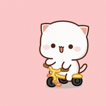 a cartoon cat is riding a yellow bicycle on a pink background .