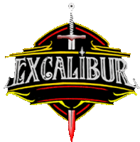 a logo for excalibur with a sword and banner