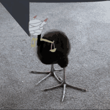 a drawing of an ostrich with a bandage on its head standing on a carpet