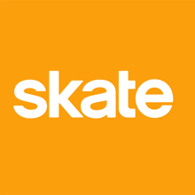 a yellow background with the word skate in white letters