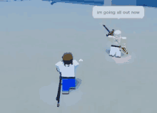 a man with a cane is standing in front of a roblox character holding a sword .