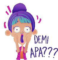 a cartoon girl with purple hair and blue eyes says demi apa