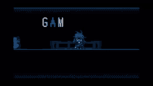 a pixel art of a person standing in a dark room with the word gam written on the screen .