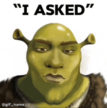 shrek with the words " i asked " on the top