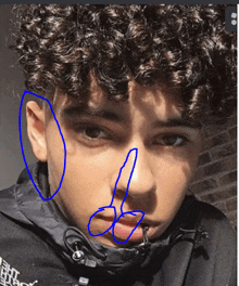 a young man with curly hair is wearing a black jacket with the word north face on it