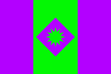 a purple and green background with a purple square with a star in the middle .