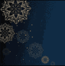 a dark blue background with gold snowflakes and stars