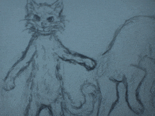 a black and white drawing of a cat with a very long tail