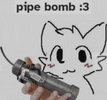 a drawing of a cat holding a pipe bomb with the words pipe bomb : 3 below it