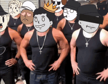 a group of men in black tank tops with cartoon faces on their heads