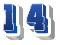 a blue number 14 with a white border on a white background