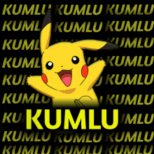 a yellow pikachu is surrounded by yellow kumlu letters on a black background