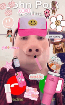 a pig is wearing a pink hat and holding a pink vape .