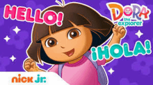 a cartoon of dora the explorer says hello in spanish